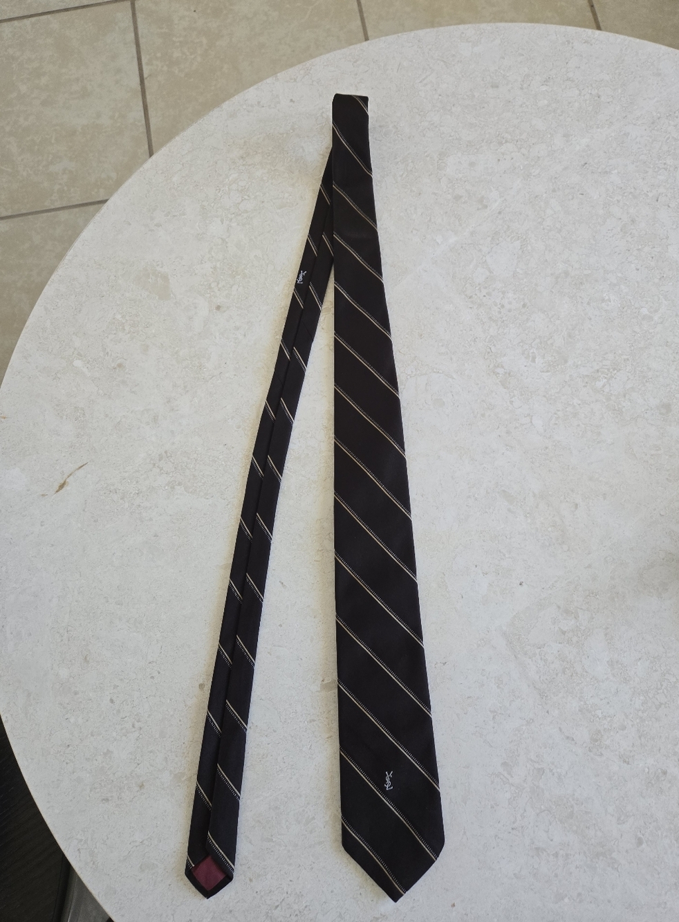 YSL Yves Saint Laurent Men's Brown Diagonal Stripe Tie with Subtle Logo